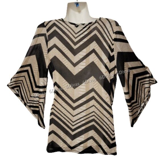 Butterfly Sleeve Top in Black & Beige Geometric Print -  Size S, XL - Picture 2 of 10